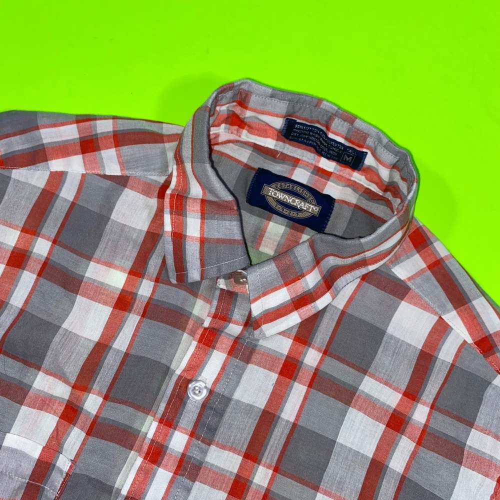 Towncraft Mens Plaid‎ Short Sleeve Button Down Shirt Red Gray White Size M Tall